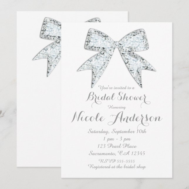 Invitación Bling Bow de Diamante Blanco Bridal Shower Glam (Anverso / Reverso)