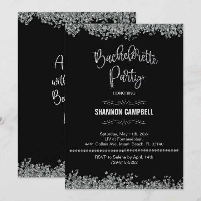 Invitación Bling de la fiesta de la soltera de diamantes y Pu (Anverso / Reverso)