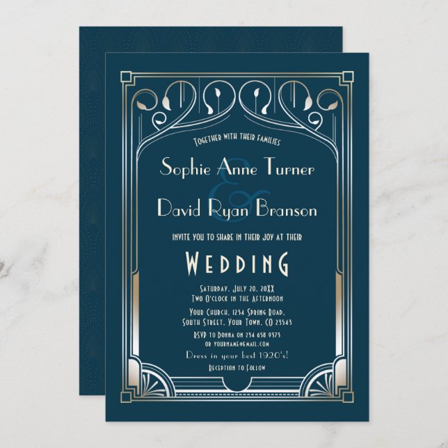 Invitación Bling Gran Gatsby Gold Blue Art Deco Boda (Anverso / Reverso)