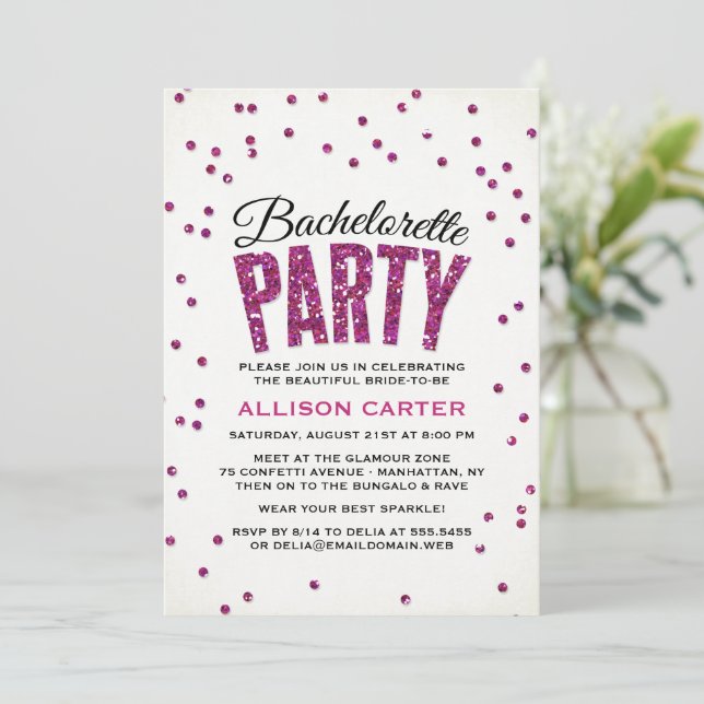 Invitación Bling Hot Pink Purpurina Gems Bachelorette Party (Anverso de pie)