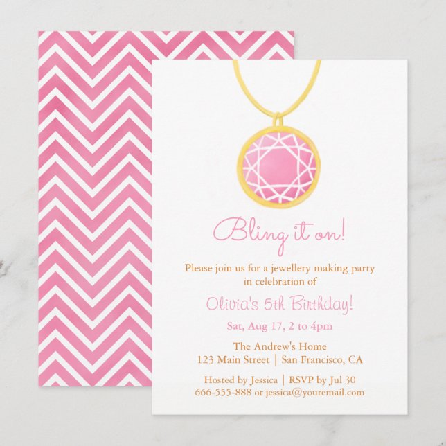 Invitación Bling It On Jewelry Making Girls Birday Party (Fie (Anverso / Reverso)