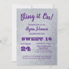 Invitación Bling it On Silver Sparkles Purple Sweet 16