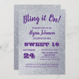 Invitación Bling it On Silver Sparkles Purple Sweet 16