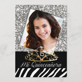 Invitación Bling Tiara Zebra Quinceañera 15 cumpleaños plata