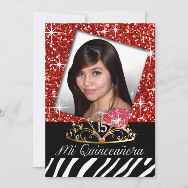 Invitación Bling Tiara Zebra Quinceañera 15 cumpleaños| rojo (Anverso)