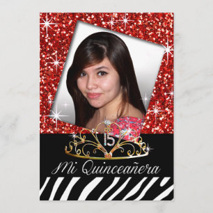Invitación Bling Tiara Zebra Quinceañera 15 cumpleaños  rojo