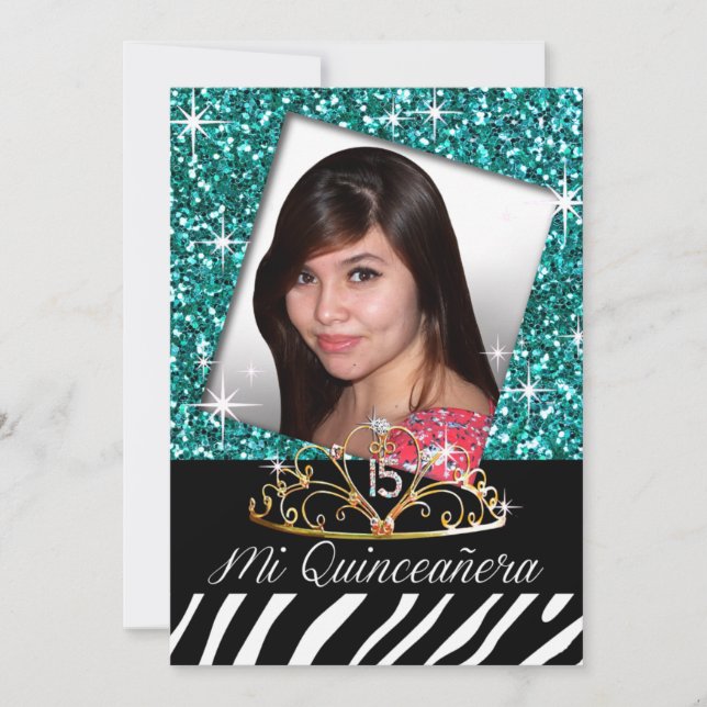 Invitación Bling Tiara Zebra Quinceañera 15 cumpleaños| verde (Anverso)