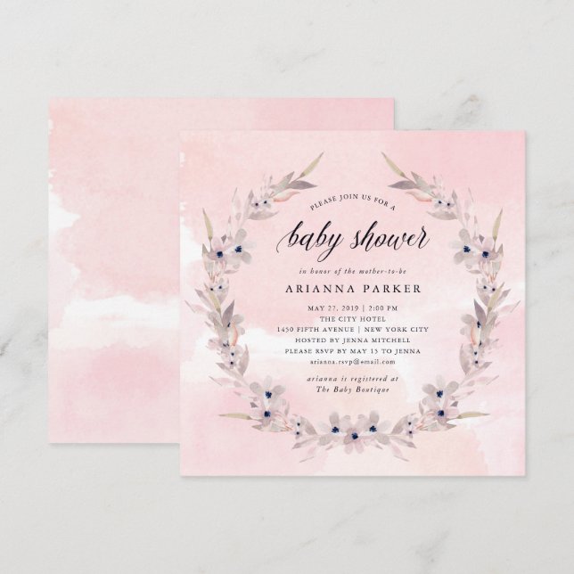 Invitación Bliss acuarela | Rubor Pink Floral Baby Shower (Anverso / Reverso)