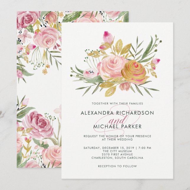 Invitación Blissant | Boda floral Rubor Pink and Faux Gold (Anverso / Reverso)
