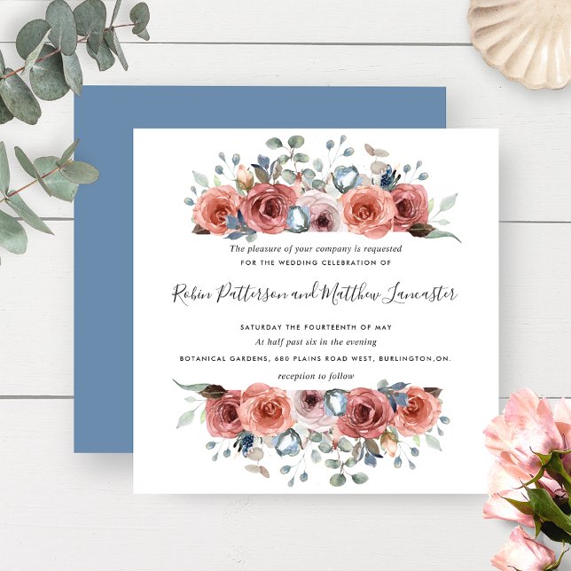 Invitación Blissful Floral Dusty Blue y Rubor Boda (Subido por el creador)