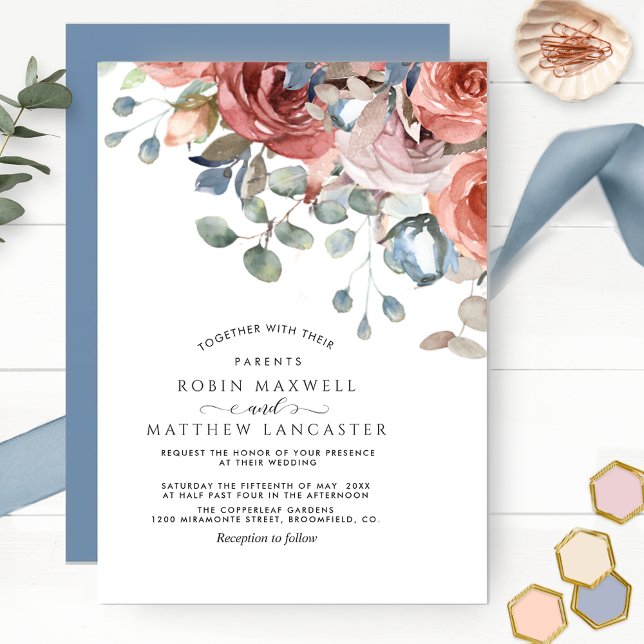 Invitación Blissful Floral Dusty Blue y Rubor Boda (Subido por el creador)