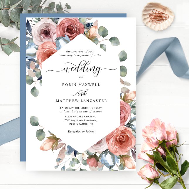 Invitación Blissful Floral Dusty Blue y Rubor Boda (Subido por el creador)