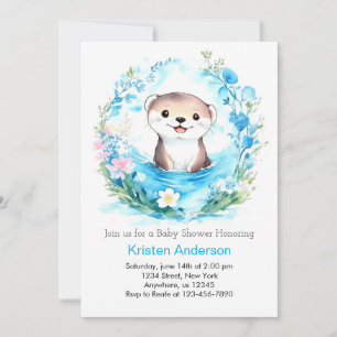Invitación Blissful Otter Joyful Blue Floral Boy Baby Shower