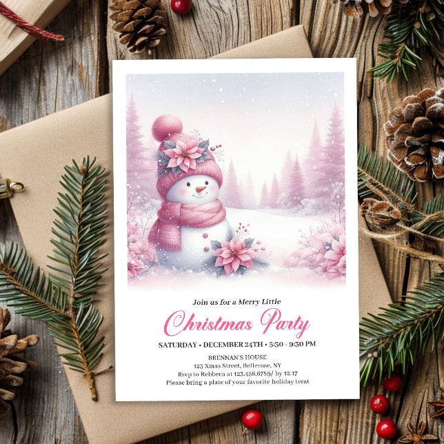 Invitación Blissful Snowy Pink Snowman Editable Kids Christma (Blissful Snowy Pink Snowman Editable Kids Christmas Invite)