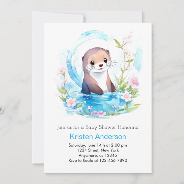 Invitación Blissous Otter Blue Floral Boy Baby Shower (Anverso)