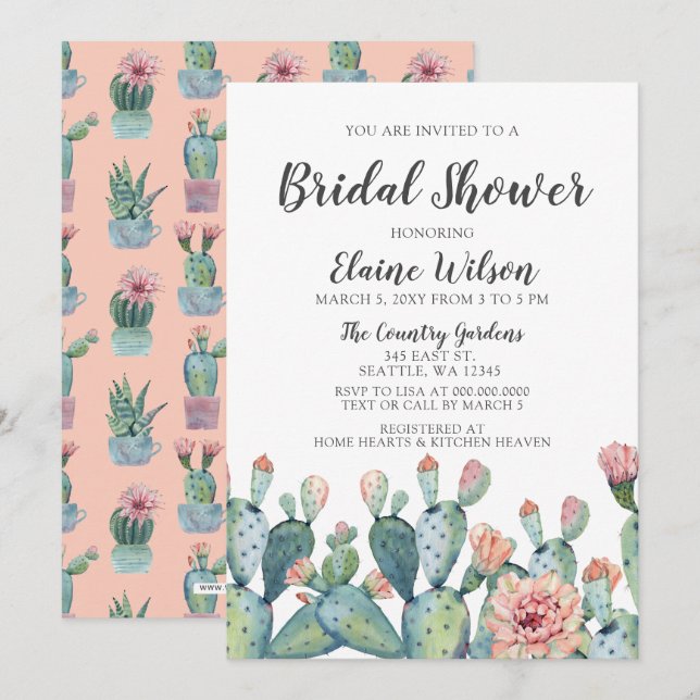 Invitación Blitante ducha de novia Boda de Cactus de Rubor (Anverso / Reverso)