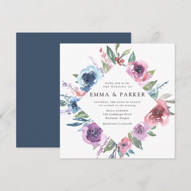 Invitación Blogs de medianoche | Boda morado y floral azul (Anverso / Reverso)