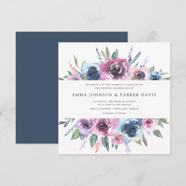 Invitación Blogs de medianoche | Boda morado y floral azul (Anverso / Reverso)