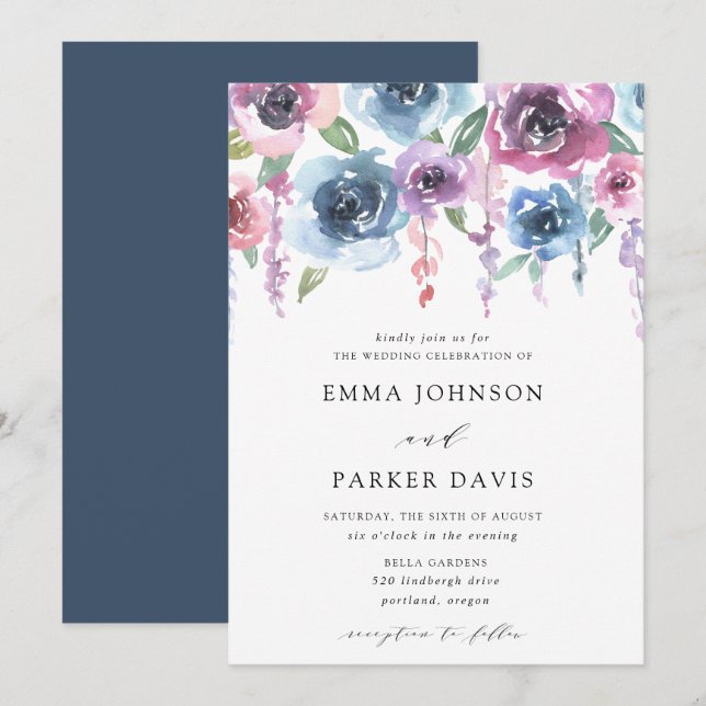 Invitación Blogs de medianoche | Boda morado y floral azul (Anverso / Reverso)