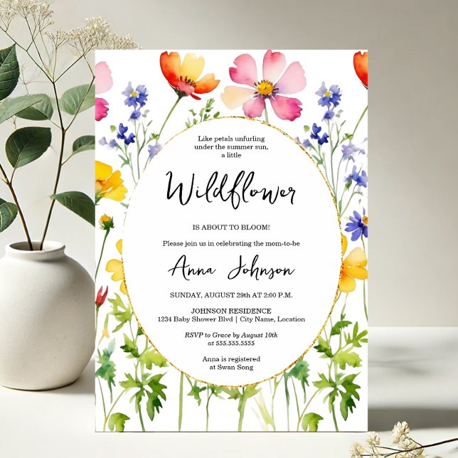 Invitación Blogueando el Baby Shower de Flor Silvestre (Elegant blooming wildflower baby shower invitation front view)