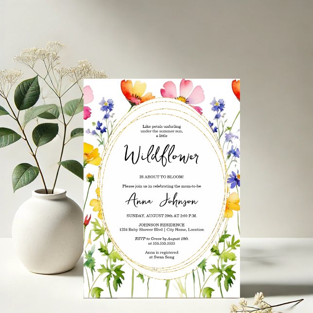 Invitación Blogueando el Baby Shower de Flor Silvestre (Elegant blooming wildflower baby shower invitation front view)