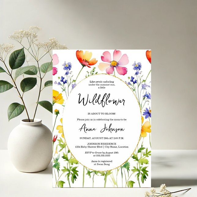 Invitación Blogueando el Baby Shower de Flor Silvestre (Elegant blooming wildflower baby shower invitation front view)
