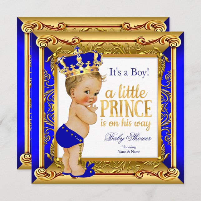 Invitación Blona Prince Baby Shower Blue Faux Gold (Anverso / Reverso)