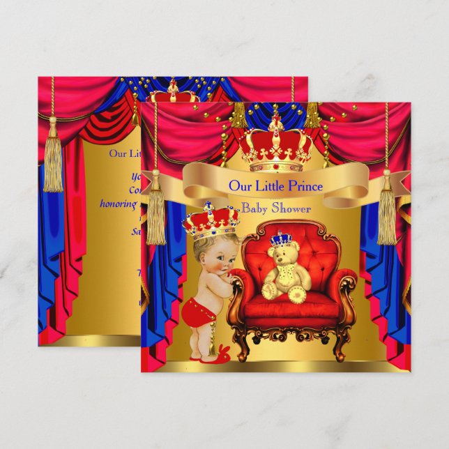 Invitación Blona Prince Baby Shower Oro Oso Rojo Azul (Anverso / Reverso)