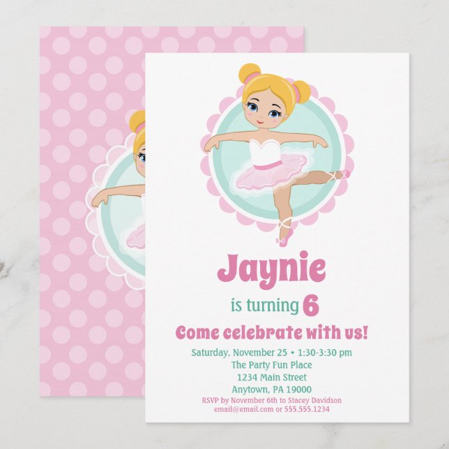 Invitación Blonde Ballerina Ballet Baile Fiesta de Cumpleaños (Anverso / Reverso)