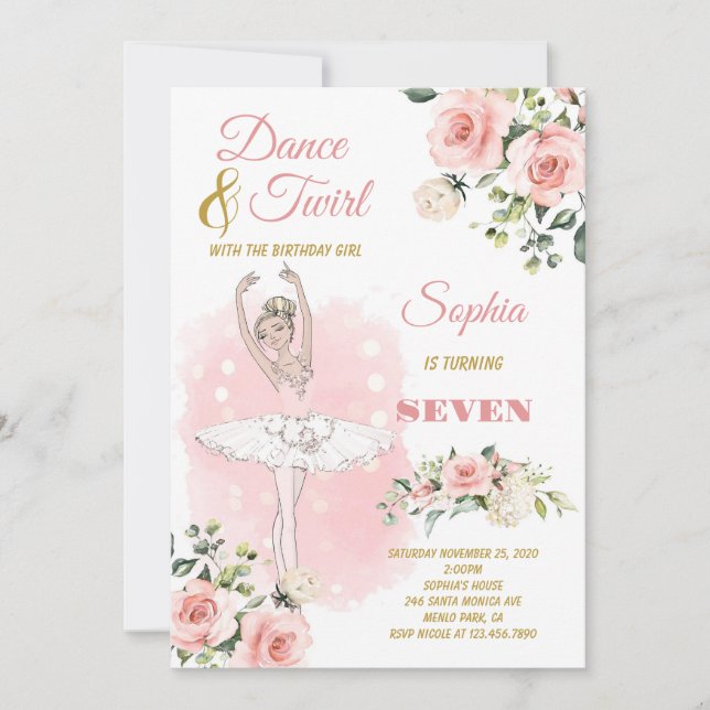 Invitación Blonde Ballerina con vestido blanco Cumpleaños flo (Anverso)