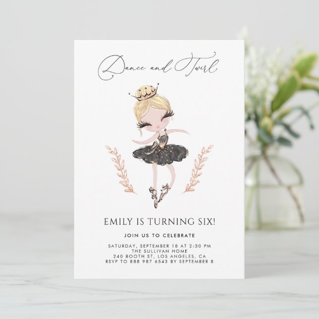 Invitación Blonde Ballerina en negro Purpurina cumpleaños (Anverso de pie)