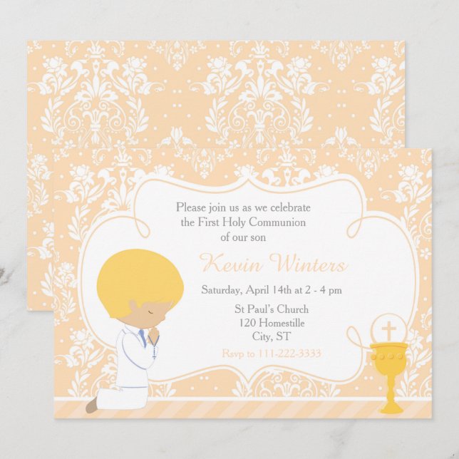 Invitación Blonde Boy First Communition Damask (Anverso / Reverso)