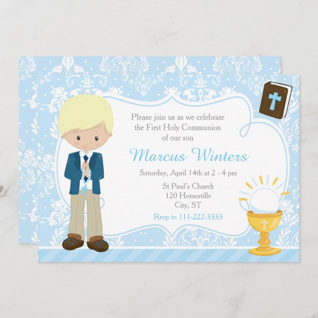 Invitación Blonde Boy First Communition Damask (Anverso / Reverso)