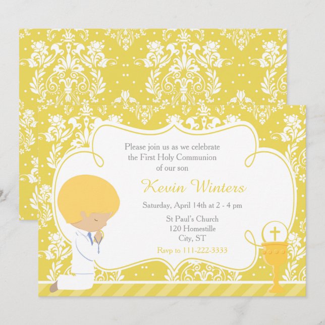 Invitación Blonde Boy First Communition Damask (Anverso / Reverso)
