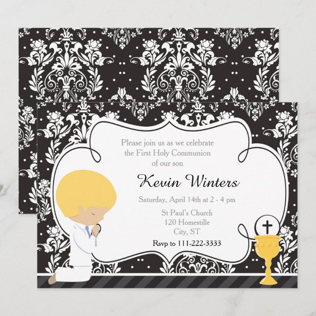 Invitación Blonde Boy First Communition Damask (Anverso / Reverso)