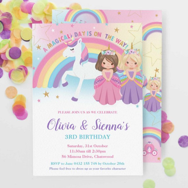 Invitación Blonde Brunette Twins Princesas Unicorn Cumpleaños (Subido por el creador)