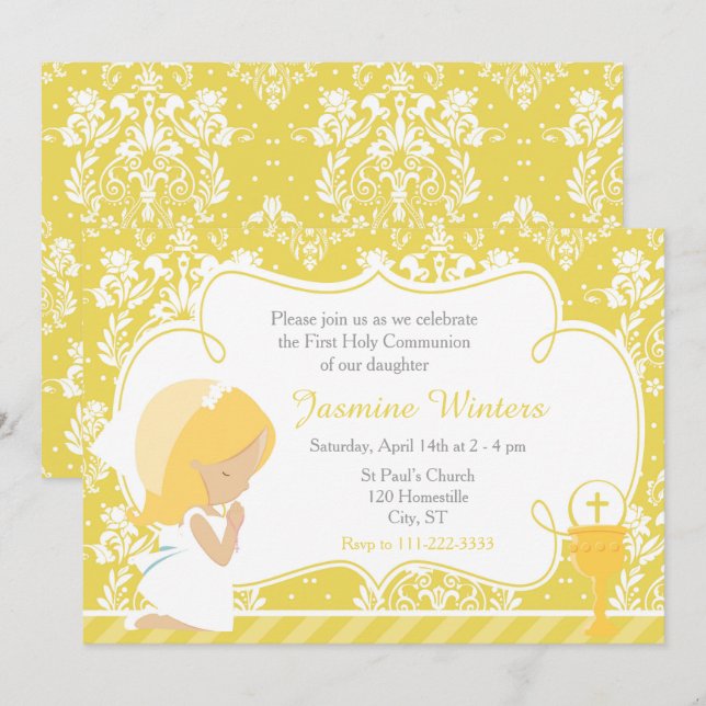 Invitación Blonde Chica Primera Damasco de Oro de la Comunión (Anverso / Reverso)