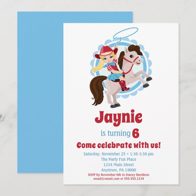 Invitación Blonde Cowgirl Horse Rodeo fiesta de cumpleaños (Anverso / Reverso)