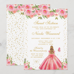 Invitación Blonde de pelo rubio con flores rosadas Princesa S