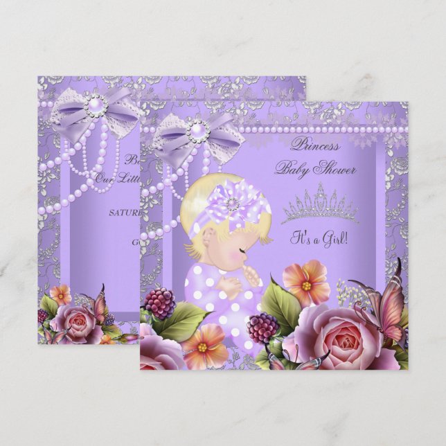 Invitación Blonde de Rosa de Lavender Chica de Baby Shower Vi (Anverso / Reverso)