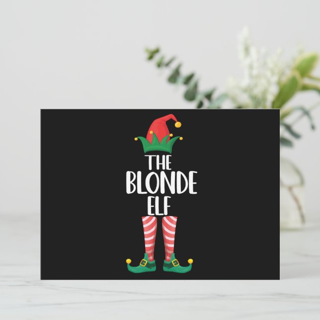 Invitación Blonde Elf Navidades familiares coincidentes Elf F (Anverso de pie)