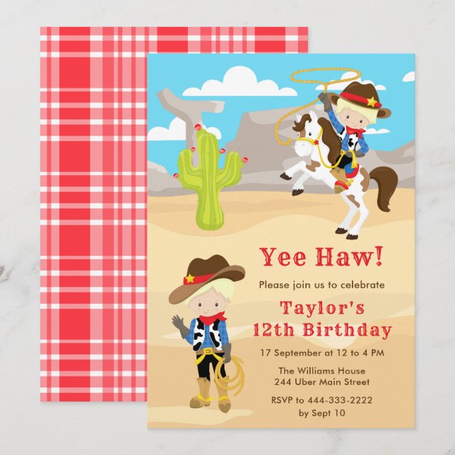Invitación Blonde Hair Cowboy Birday Party (Anverso / Reverso)