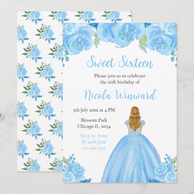 Invitación Blonde Hair Princess Blue Floral Sweet 16 (Anverso / Reverso)