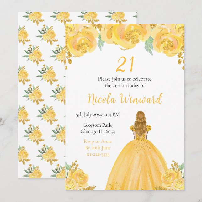 Invitación Blonde Hair Princess Gold Floral Birday Party (Anverso / Reverso)