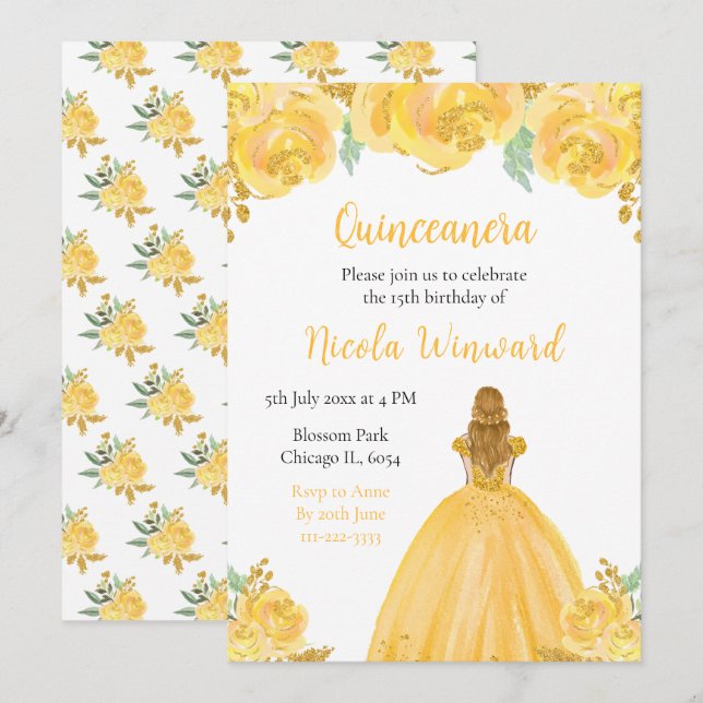 Invitación Blonde Hair Princess Gold Floral Quinceanera (Anverso / Reverso)
