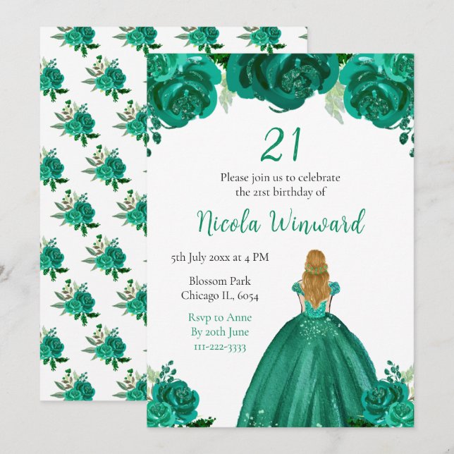 Invitación Blonde Hair Princess Green Floral Birday Party (Anverso / Reverso)
