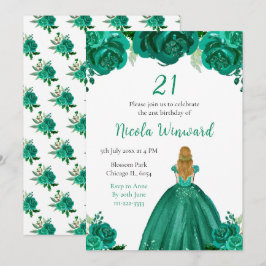 Invitación Blonde Hair Princess Green Floral Birday Party