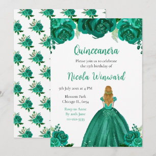 Invitación Blonde Hair Princess Green Floral Quinceanera