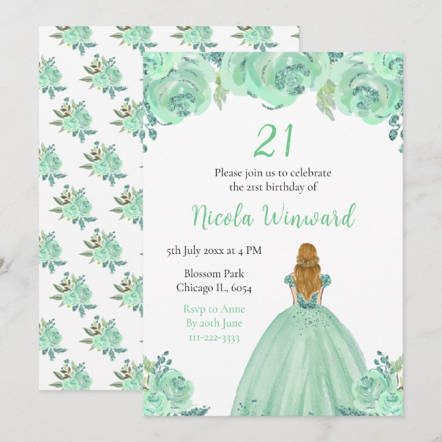 Invitación Blonde Hair Princess Mint Floral Birday Party (Anverso / Reverso)