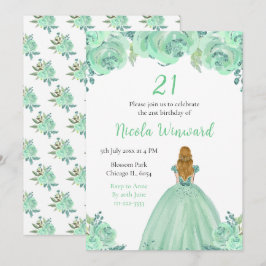 Invitación Blonde Hair Princess Mint Floral Birday Party